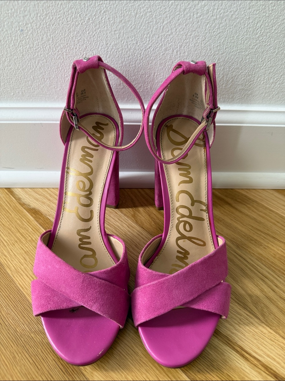 Sam Edelman Hot Pink Suede Block Heel Sandals with Ankle Strap